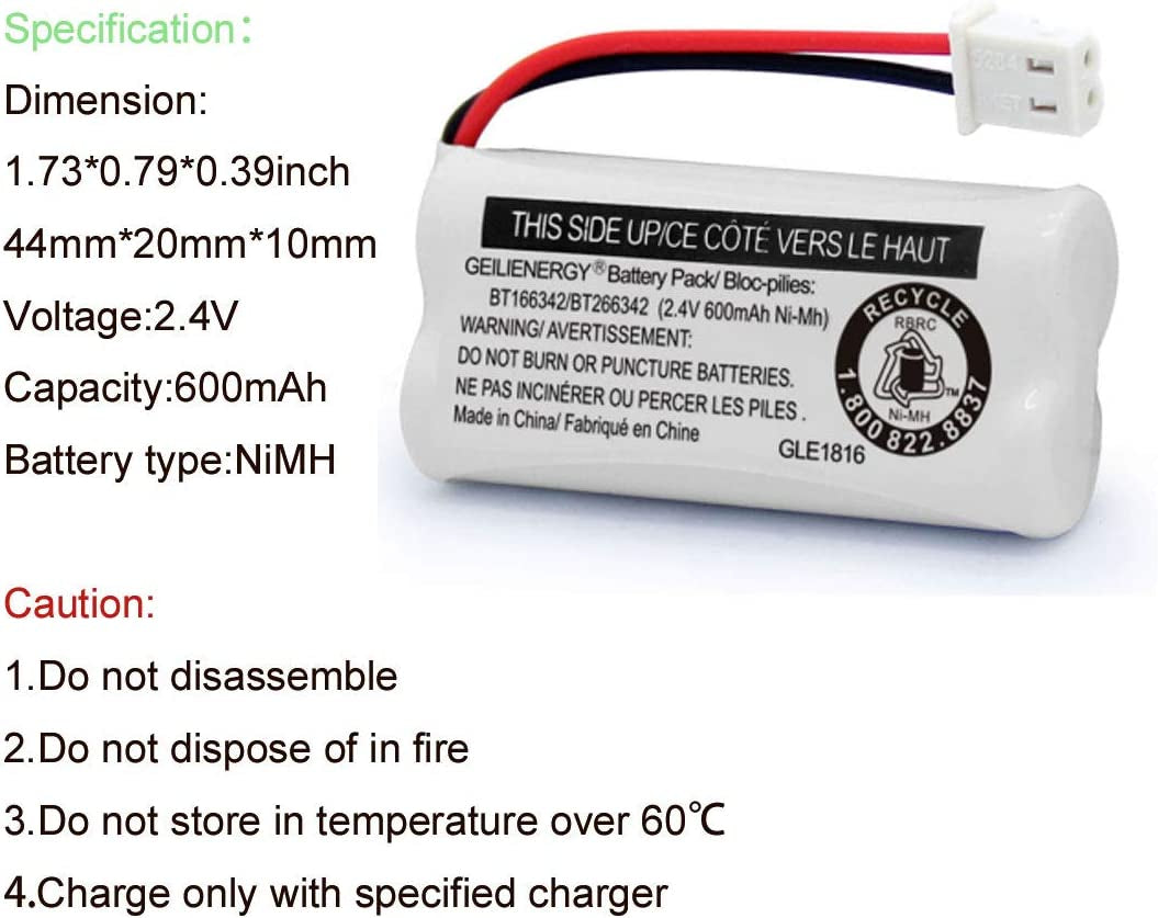 Replacement Battery BT166342 / BT266342 BT183342/BT283342 BT166342/BT266342 Compatible for Cordless Telephones CS6114 CS6419 CS6719 EL52300 Cl80111(Pack of 2)